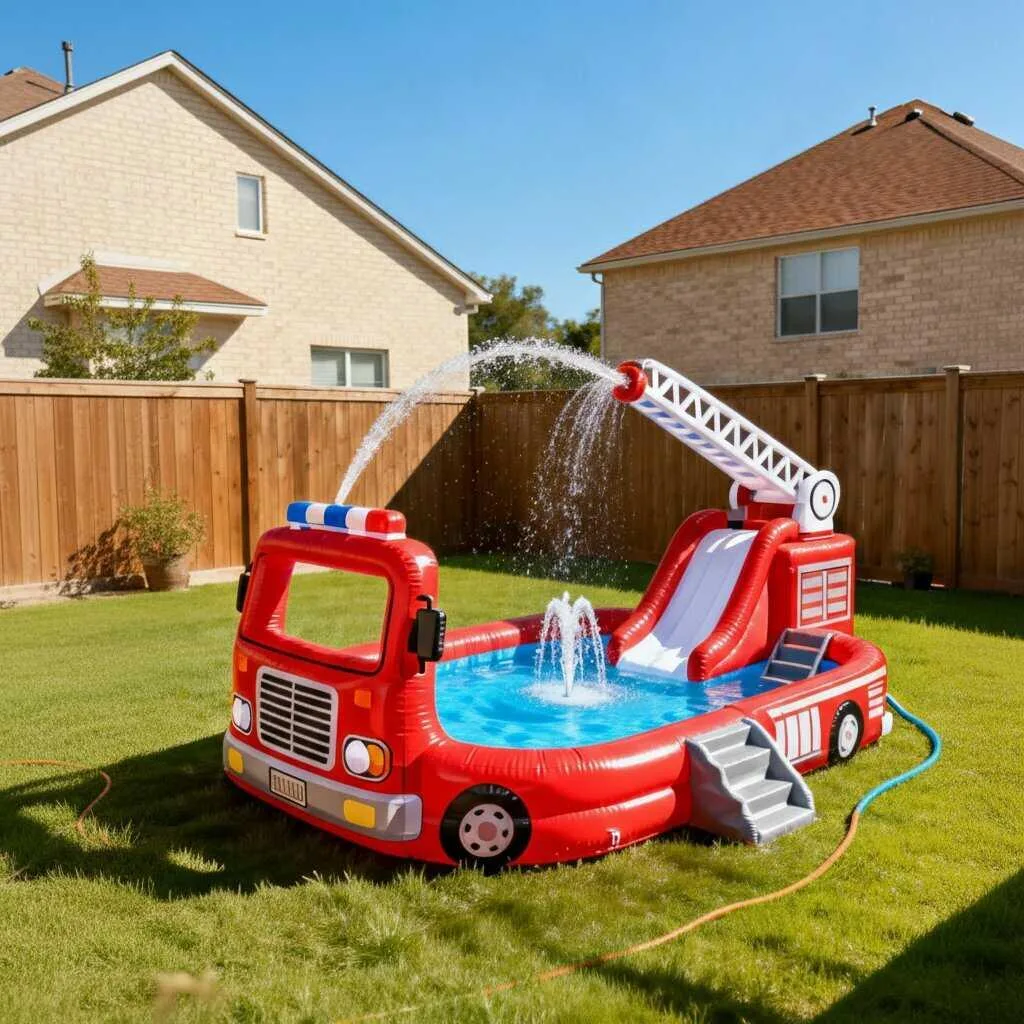 A giant inflatable firetruck pool with kids playing in it