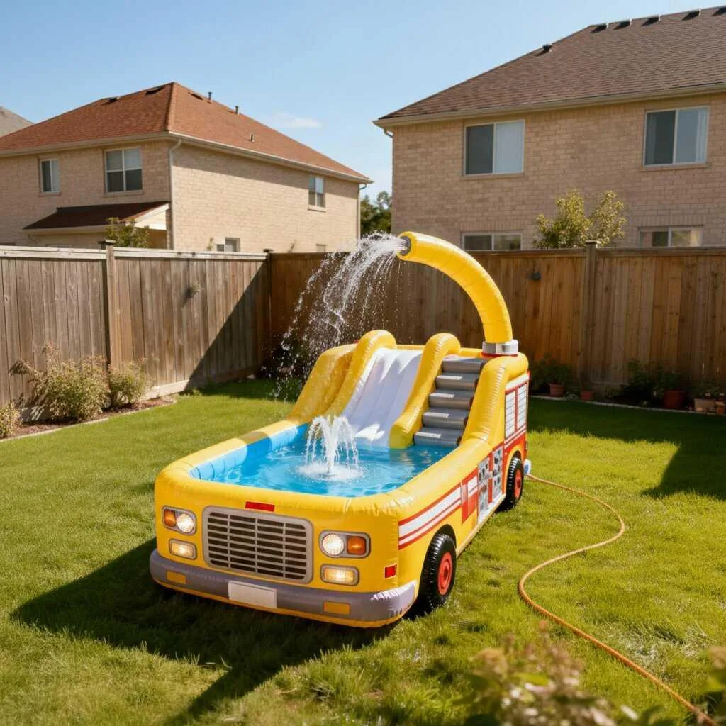 A child spraying water from the inflatable firetruck pool