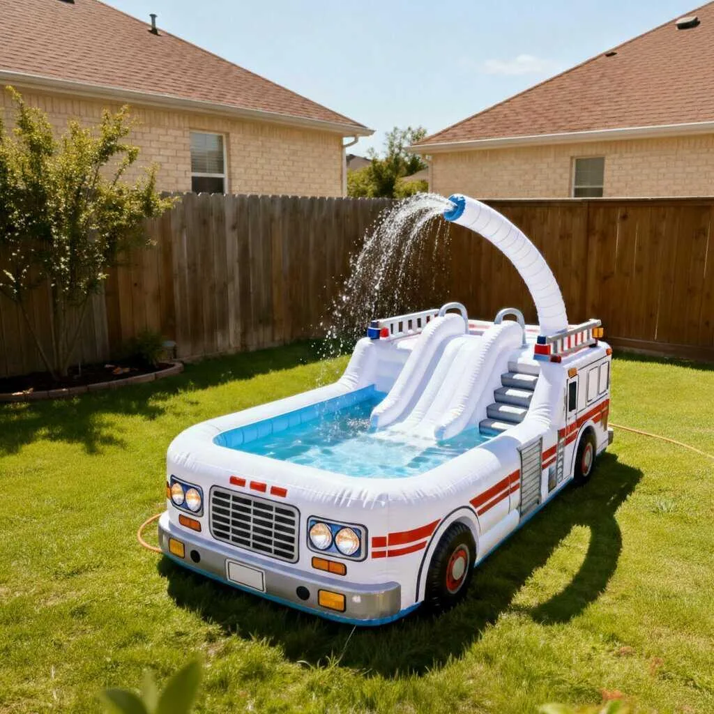 Multiple children playing together in the inflatable firetruck pool