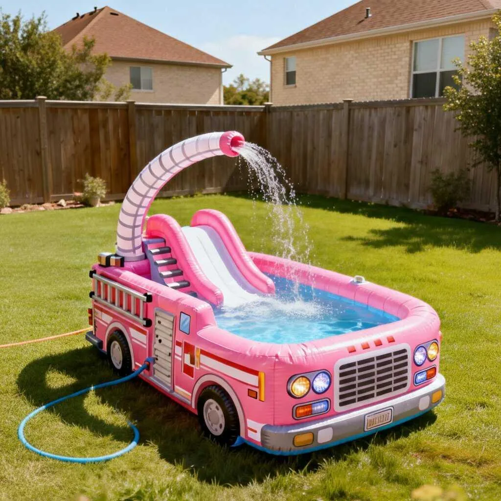 A child aiming the water sprayer from the inflatable firetruck pool